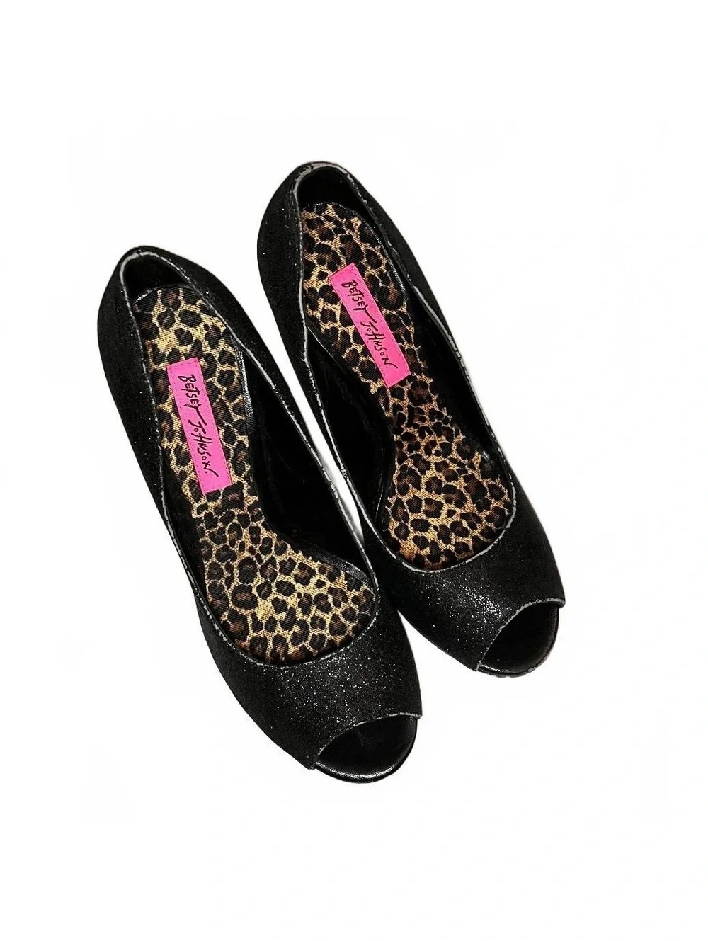 Betsey Johnson Black Glitter Peep Toe High Heels Size 8